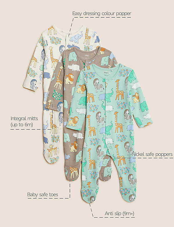 3pk Pure Cotton Safari Sleepsuits