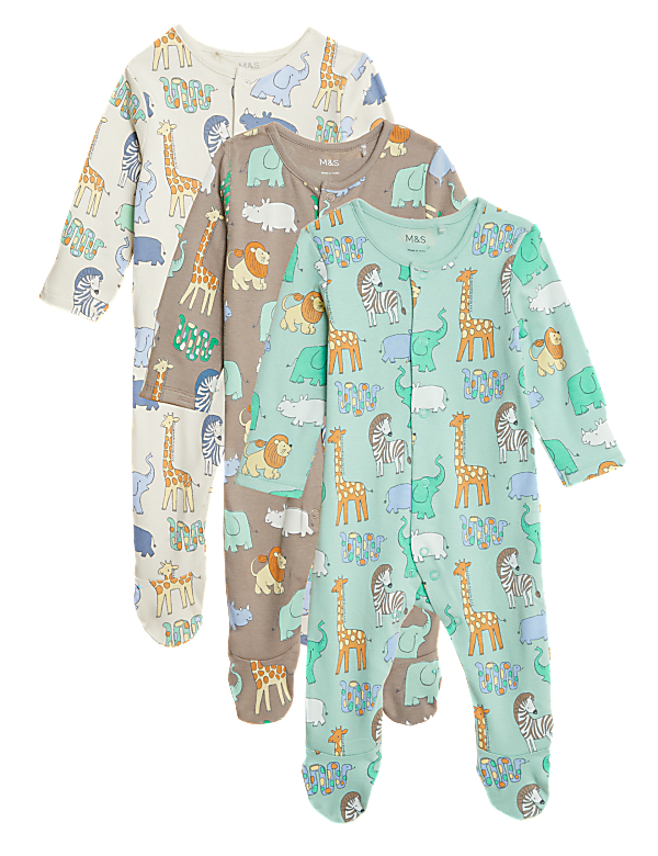 3pk Pure Cotton Safari Sleepsuits