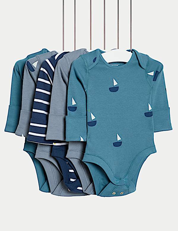 5pk Pure Cotton Nautical Bodysuits (6½lbs-3 Yrs) - LT