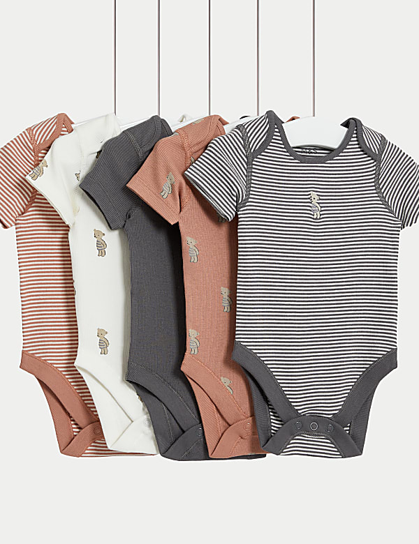 5pk Cotton Rich Bear & Striped Bodysuits (6½lbs-3 Yrs) - MY