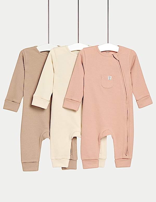 3pk Pure Cotton Waffle Zip Sleepsuits (6½lbs-3 Yrs) - VN