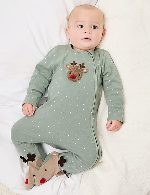 Pure Cotton Reindeer Sleepsuit (7lbs-12 Mths) - GR