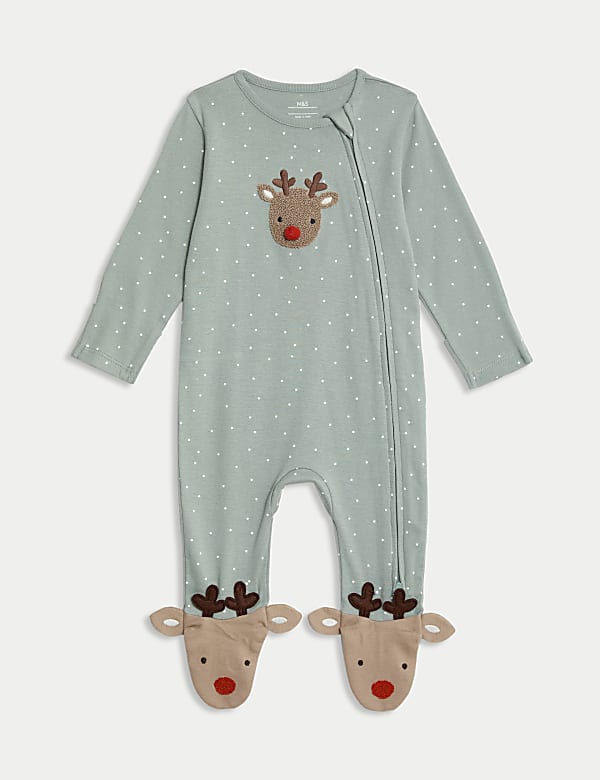 Pure Cotton Reindeer Sleepsuit (7lbs-12 Mths) - GR
