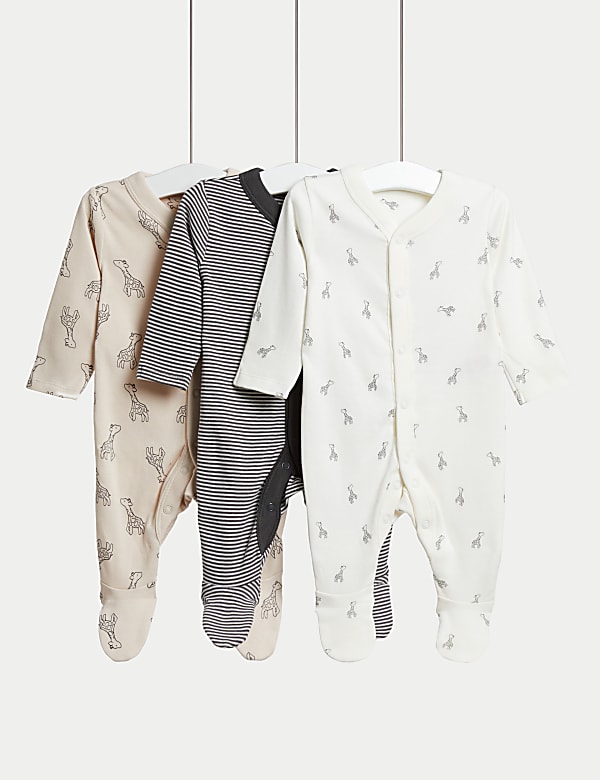 3pk Pure Cotton Giraffe & Striped Sleepsuits (5lbs-3 Yrs) - IT