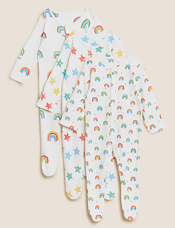 3pk Pure Cotton Printed Sleepsuits