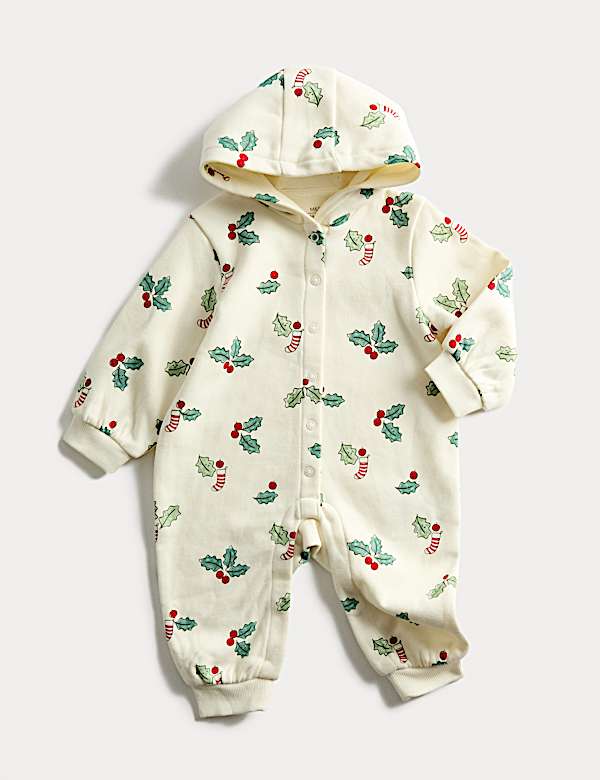 Cotton Rich Novelty Holly Print Hooded All in One (0 Mths-3 Yrs) - BN