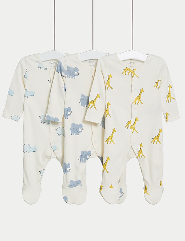 3pk Pure Cotton Safari Sleepsuits (6½lbs-3 Yrs) - NZ