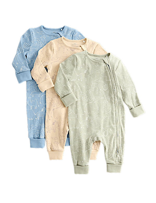 3pk Cotton Rich Ribbed Safari Sleepsuits (6½lbs-3 Yrs)