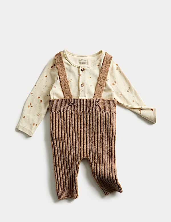Ensemble 2 pièces en coton salopette à motif brindilles (jusqu’au 12 mois) - BE