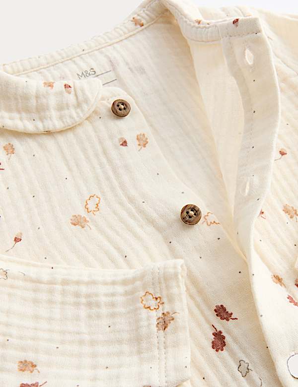 Puur katoenen geweven kruippakje met kraag en bladmotief (0-12 maanden) - NL