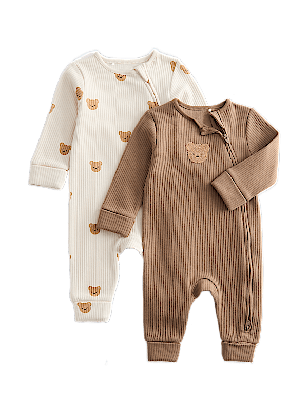 Cotton Blend Bear Cosy Rib Sleepsuits (0-3 Yrs)