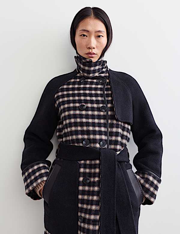 Pure Wool Checked Double Breasted Longline Coat - NZ