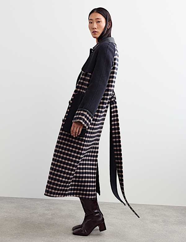 Pure Wool Checked Double Breasted Longline Coat - NZ