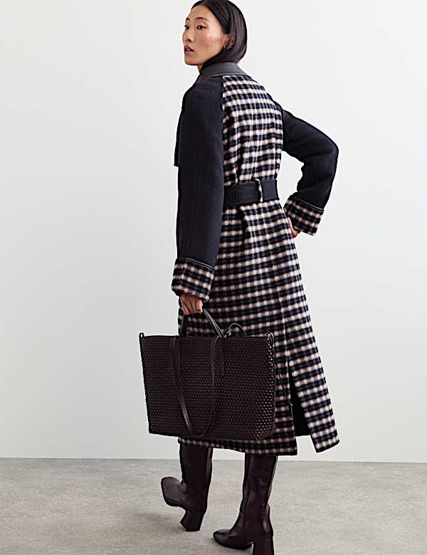 Pure Wool Checked Double Breasted Longline Coat - NZ