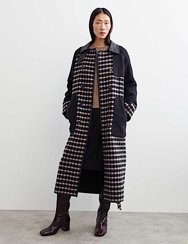 Pure Wool Checked Double Breasted Longline Coat - CH