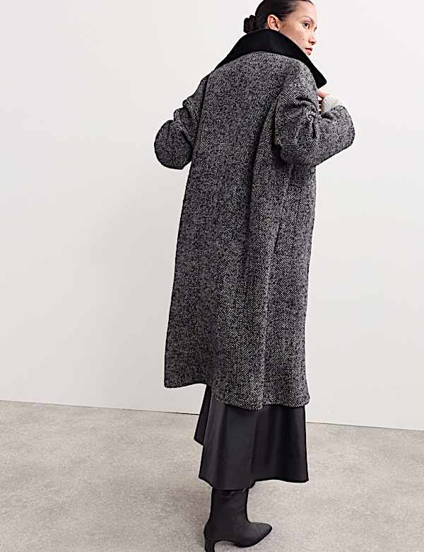 Manteau cocon coupe longue en laine mélangée à motif chevrons - FR