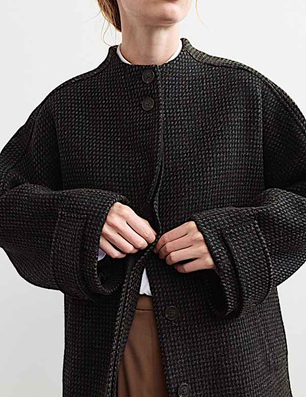 Pure Wool Textured Funnel Neck Coat - NZ