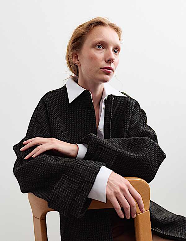 Pure Wool Textured Funnel Neck Coat - NZ