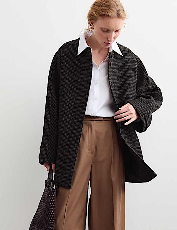 Pure Wool Textured Funnel Neck Coat - NZ