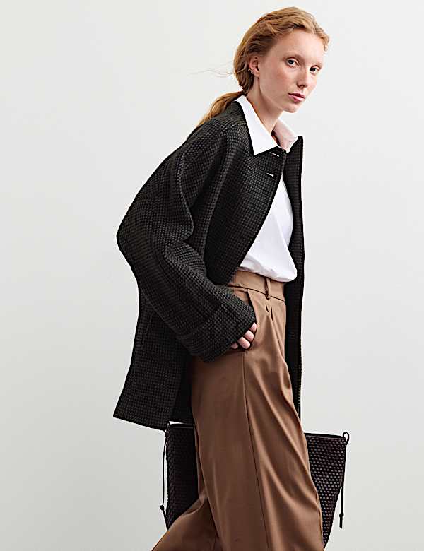 Pure Wool Textured Funnel Neck Coat - NZ