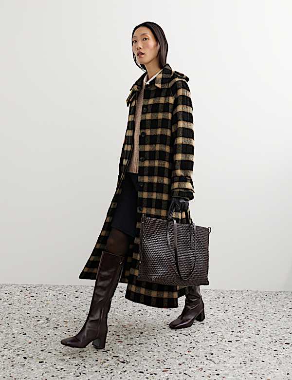 Pure Wool Checked Funnel Neck Coat - BN