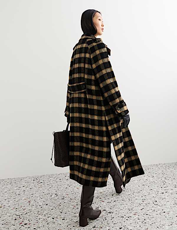Pure Wool Checked Funnel Neck Coat - BN