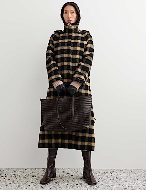 Pure Wool Checked Funnel Neck Coat - BN