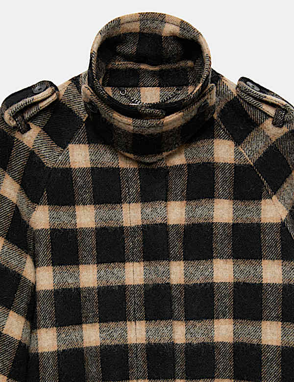 Pure Wool Checked Funnel Neck Coat - BN