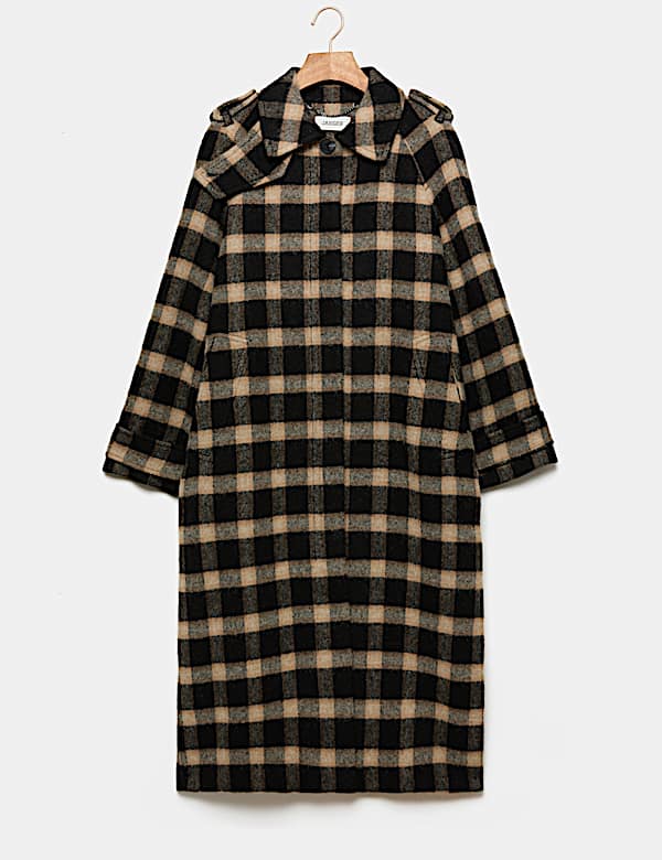 Pure Wool Checked Funnel Neck Coat - BN