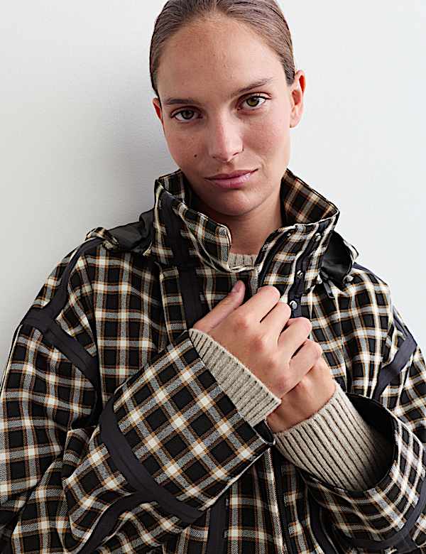 Waterproof Checked Hooded Short Raincoat - NL