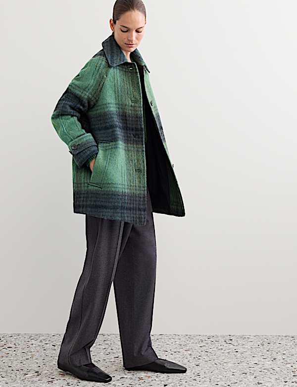 Wool Rich Checked Short Cocoon Coat - CH