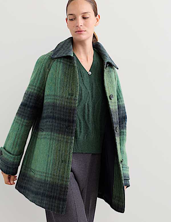 Wool Rich Checked Short Cocoon Coat - CH