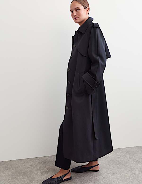 Wool Blend Longline Trench Coat - BE