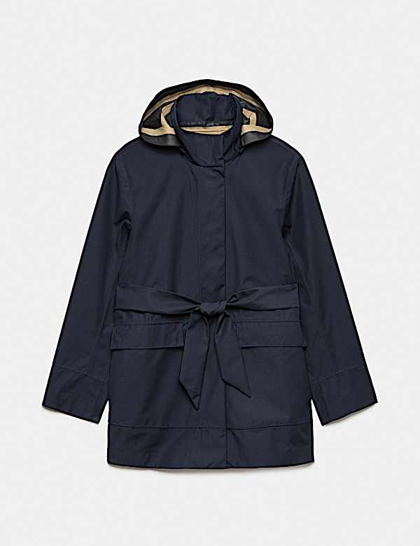 Twill Waterproof Belted Hooded Short Raincoat - CH