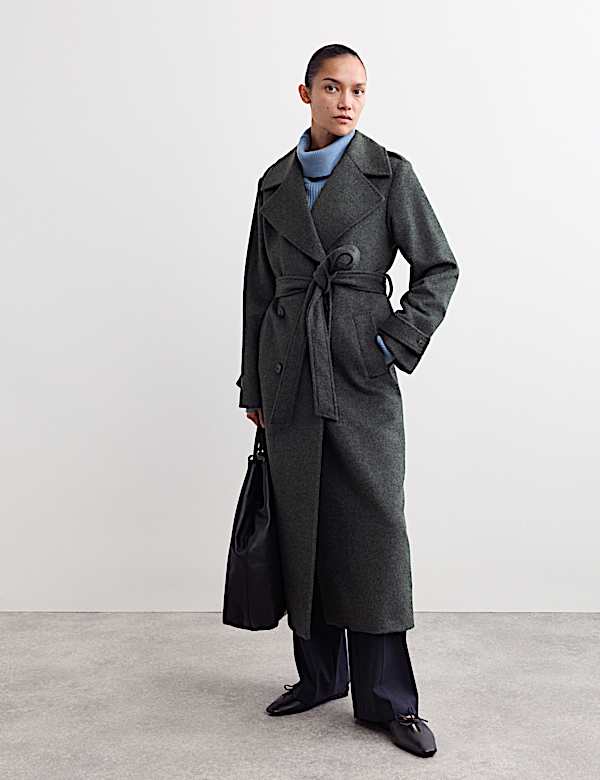 Pure Wool Belted Longline Wrap Coat - GR