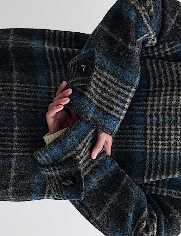 Pure Wool Checked Funnel Neck Duffle Coat - CA