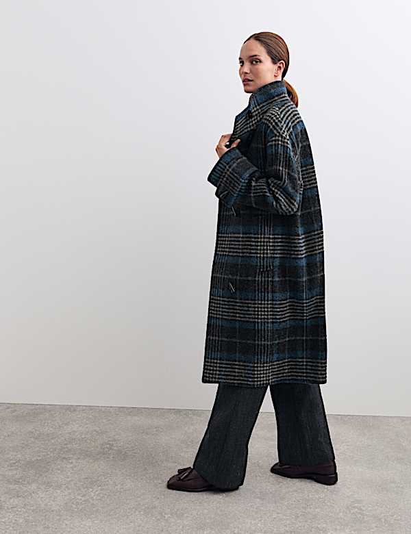 Pure Wool Checked Funnel Neck Duffle Coat - CA