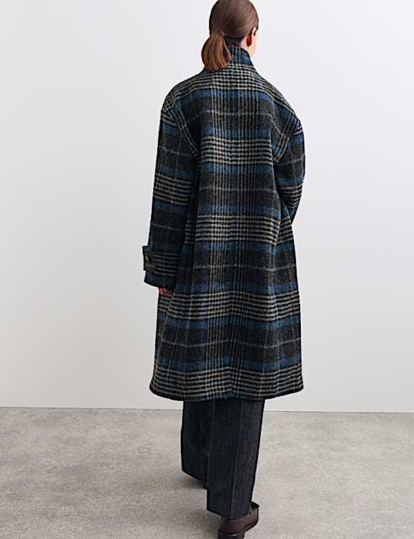 Pure Wool Checked Funnel Neck Duffle Coat - CA