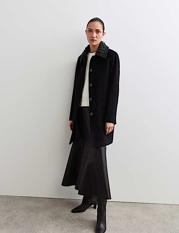 Korte autojas van zuiver wol met afneembare kraag - BE