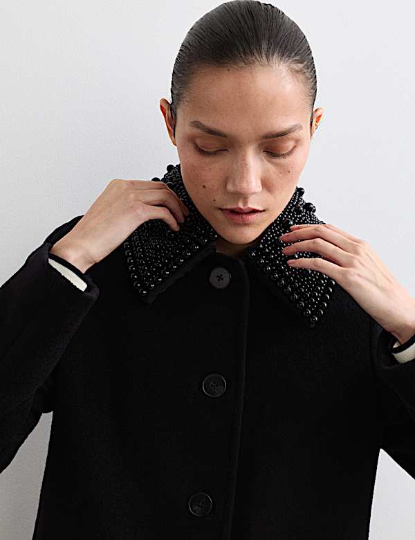 Korte autojas van zuiver wol met afneembare kraag - BE