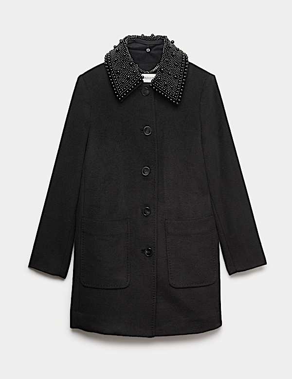 Korte autojas van zuiver wol met afneembare kraag - BE