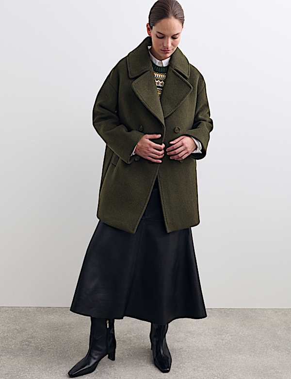Pure Wool Relaxed Double Breasted Short Cocoon Coat - AU