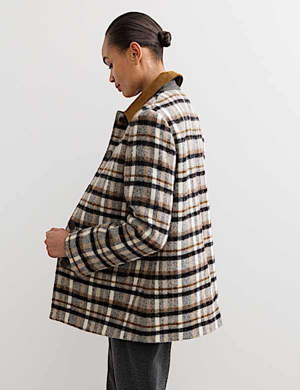 Pure Wool Checked Cord Collar Short Jacket - AU