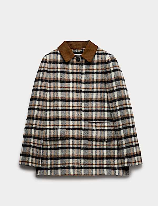 Pure Wool Checked Cord Collar Short Jacket - AU