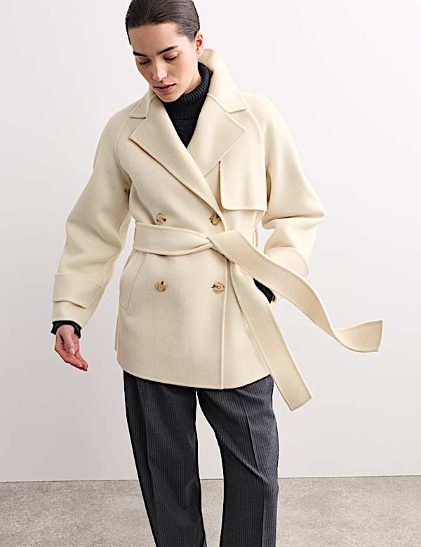 Pure Wool Belted Short Trench Coat - BE