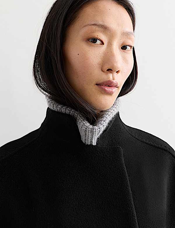 Manteau portefeuille coupe longue 100 % laine &agrave; col chemin&eacute;e - CA