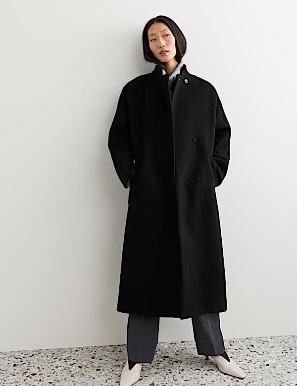 Manteau portefeuille coupe longue 100 % laine &agrave; col chemin&eacute;e - CA