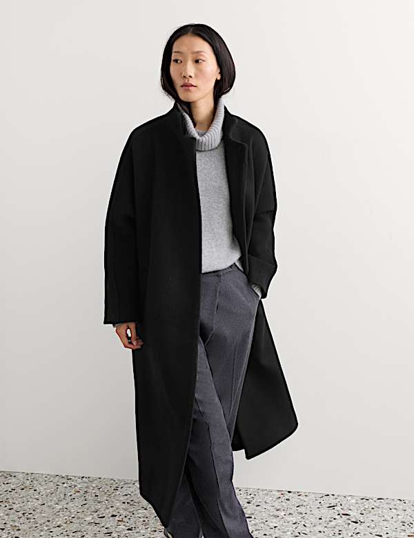 Manteau portefeuille coupe longue 100 % laine &agrave; col chemin&eacute;e - CA