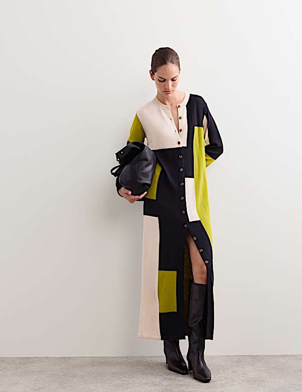 Μακριά ζακέτα με χρωματικές αντιθέσεις από μαλλί Merino - GR