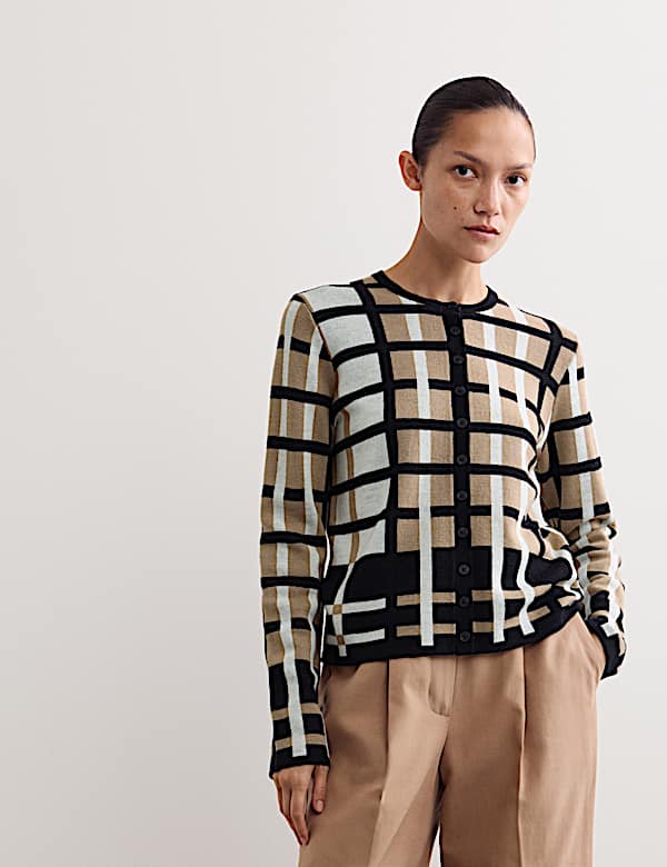 Pure Merino Wool Jacquard Checked Cardigan - GR